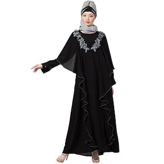 Designer frilled abaya- Black-Grey